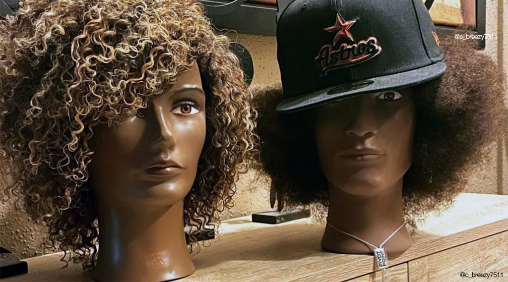 Two styled Pivot Point mannequins, one with hat on. Textured Hair. Very curly hair. @c_breezy7511