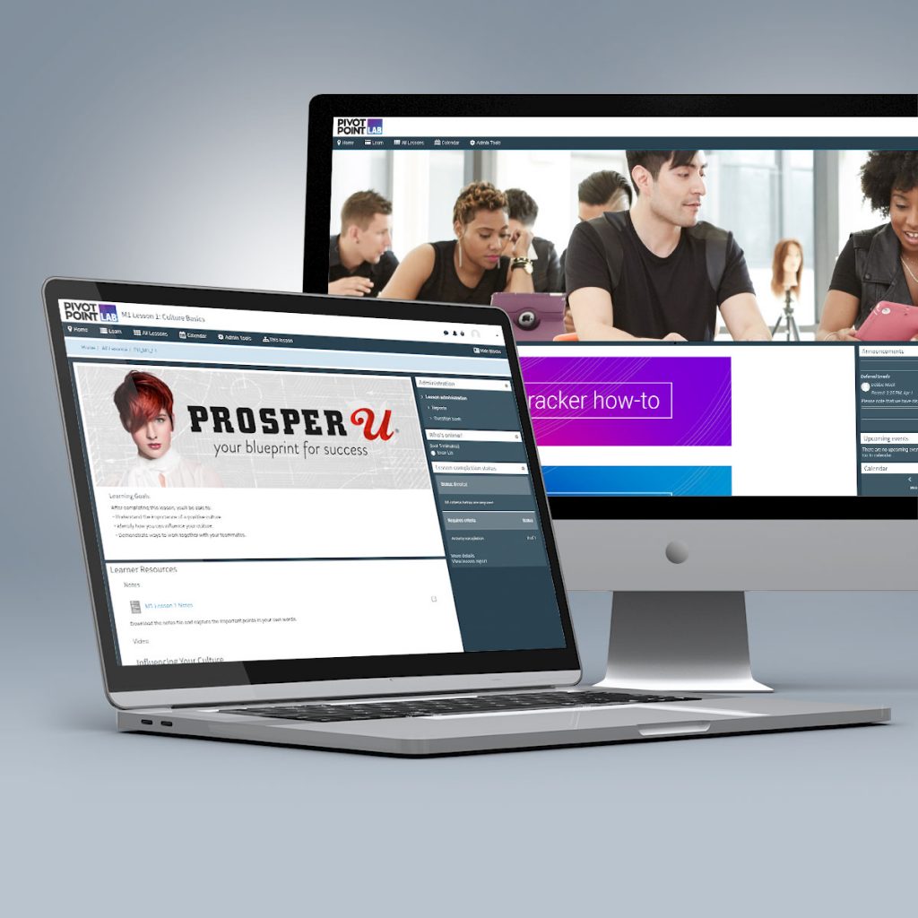 Mockup of Pivot Point Lab home page and prosper U on multi devices.