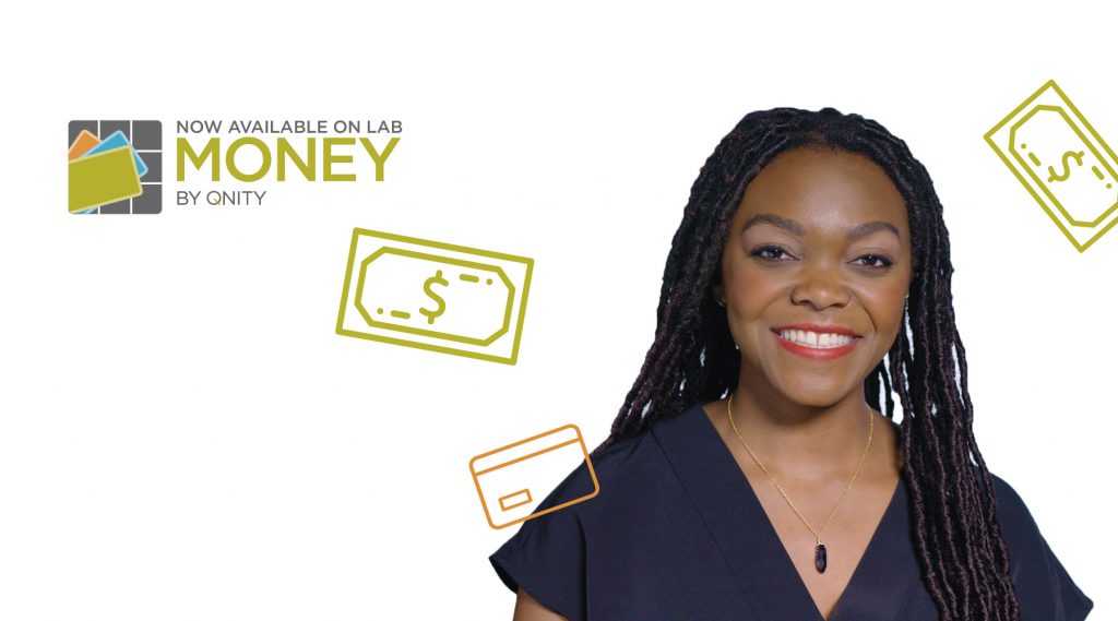 Smiling African American Woman with Money by Qnity logo